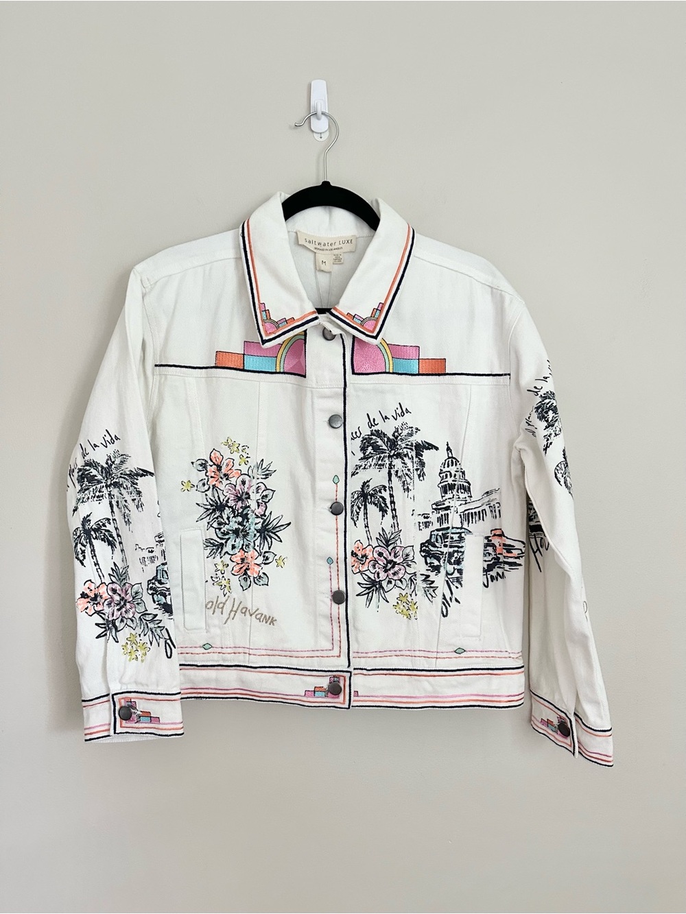 NWT Saltwater Luxe Havana Embroidered Denim Jacket Medium White Sequin Floral